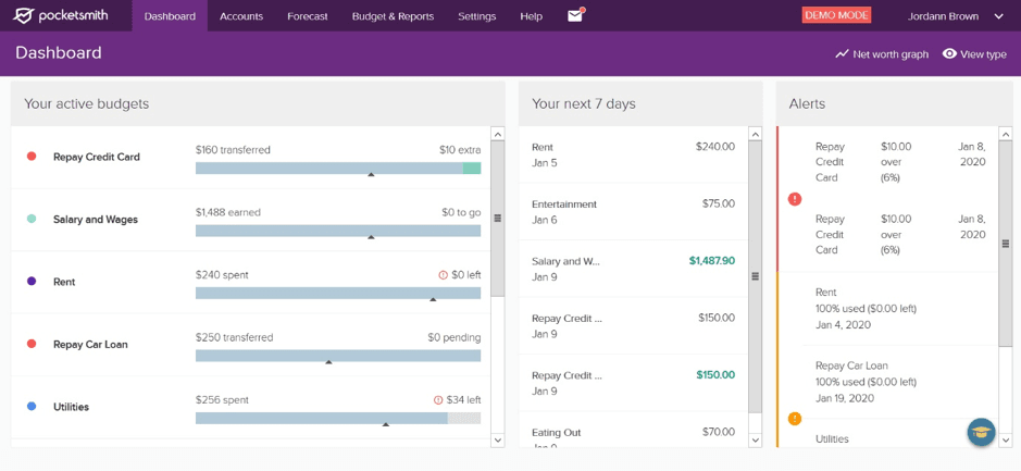 pocketSmith dashboard